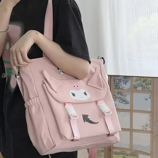 Sanrio Cartoon Cute Kuromi Shoulder Crossbody Tote Bag High School and College Student Canvas Bag for Class TuitionBag waterprof