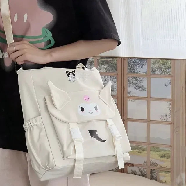 Sanrio Cartoon Cute Kuromi Shoulder Crossbody Tote Bag High School and College Student Canvas Bag for Class TuitionBag waterprof