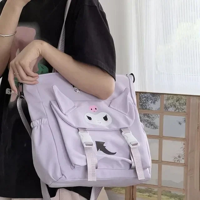 Sanrio Cartoon Cute Kuromi Shoulder Crossbody Tote Bag High School and College Student Canvas Bag for Class TuitionBag waterprof