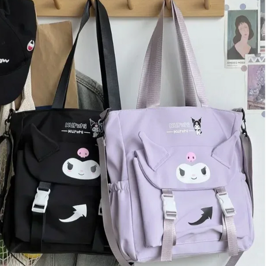 Sanrio Cartoon Cute Kuromi Shoulder Crossbody Tote Bag High School and College Student Canvas Bag for Class TuitionBag waterprof