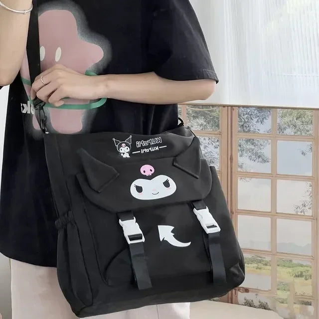 Sanrio Cartoon Cute Kuromi Shoulder Crossbody Tote Bag High School and College Student Canvas Bag for Class TuitionBag waterprof